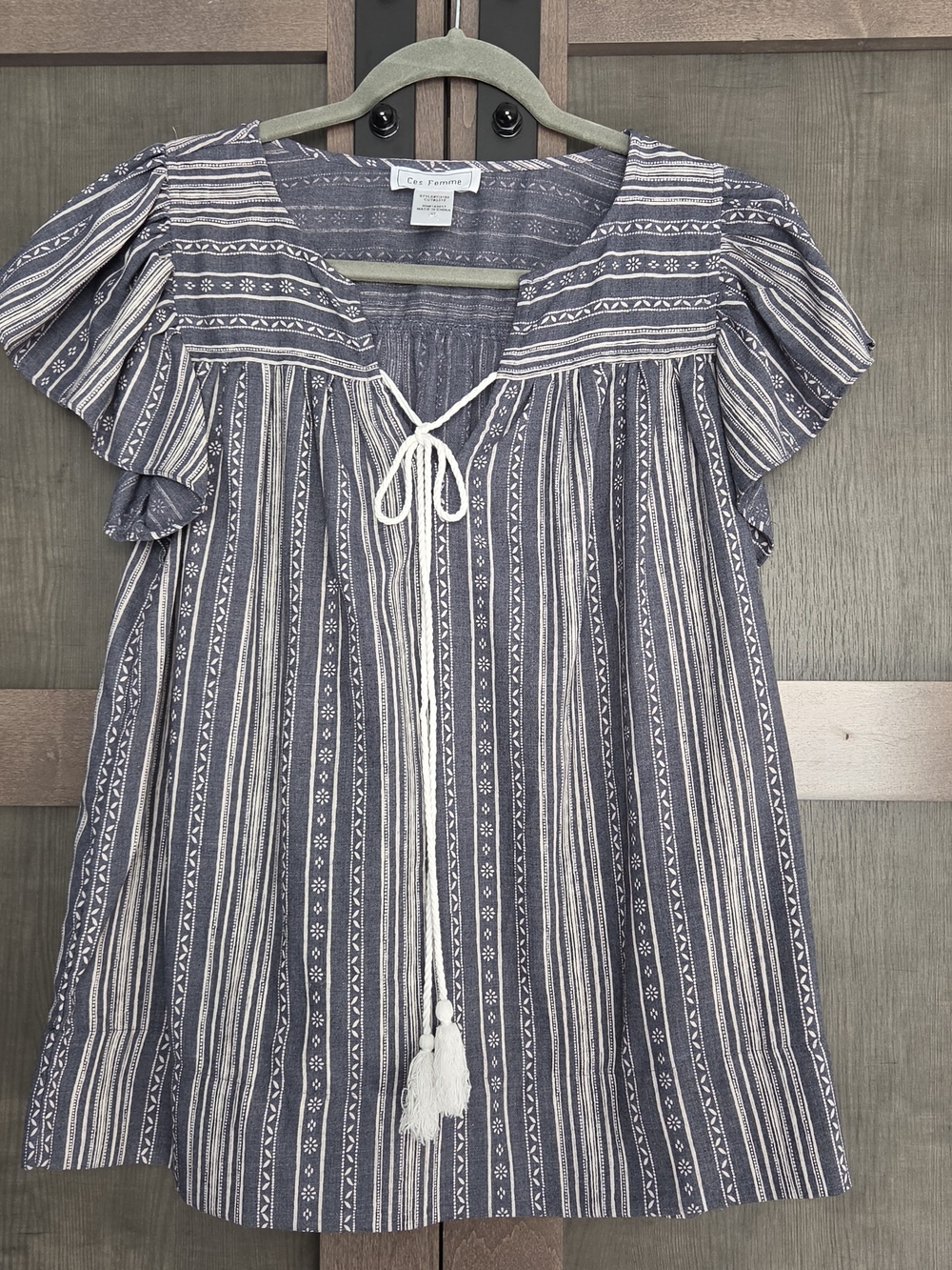Ces Femme Navy and Cream Striped Tie-Front Tunic Medium
